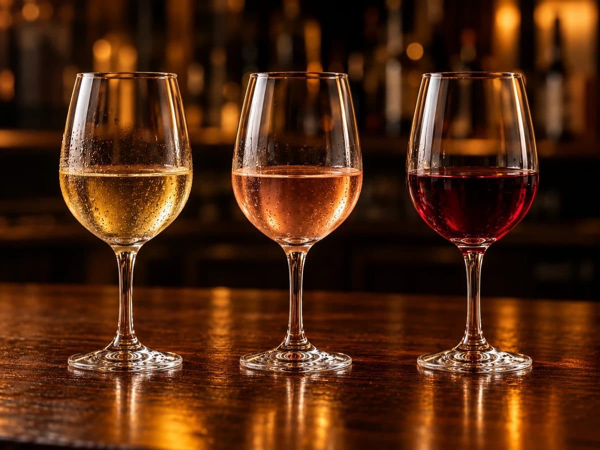 Tre calici su un bancone di legno: vino bianco, rosato e vino rosso